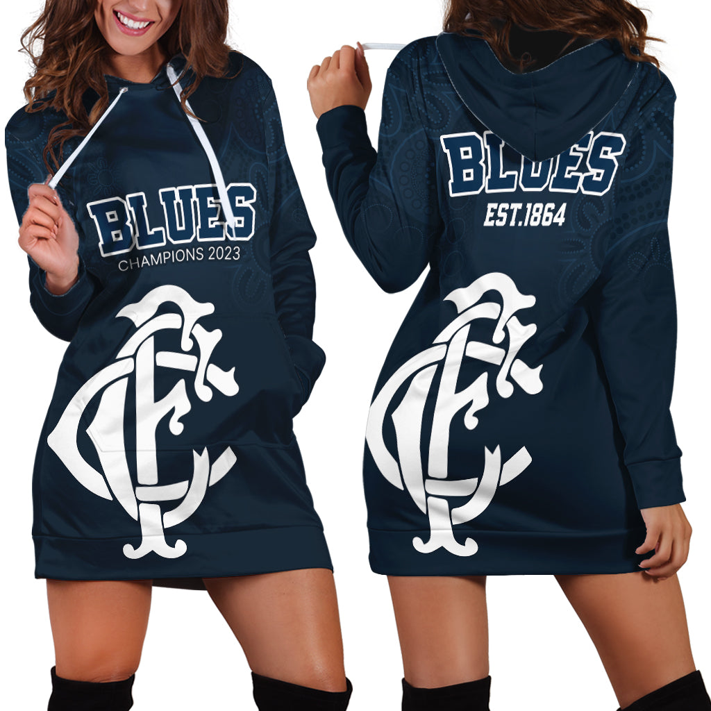 AFL Blues Champions 2023 Hoodie Dress Proud Carlton Aboriginal Vibe - Vibe Hoodie Shop