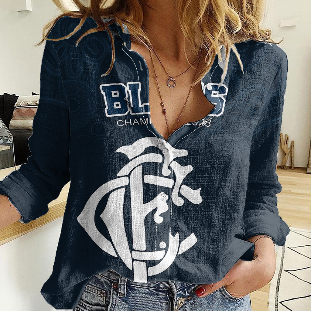 Custom AFL Blues Champions 2023 Women Casual Shirt Proud Carlton Aboriginal Vibe - Vibe Hoodie Shop