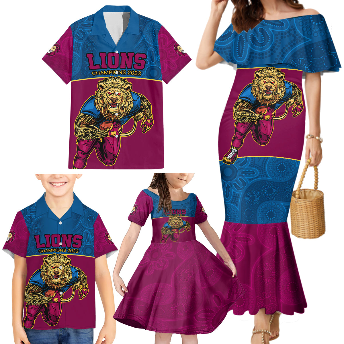 afl-lions-champions-2023-family-matching-mermaid-dress-and-hawaiian-shirt-proud-brisbane-aboriginal-vibe