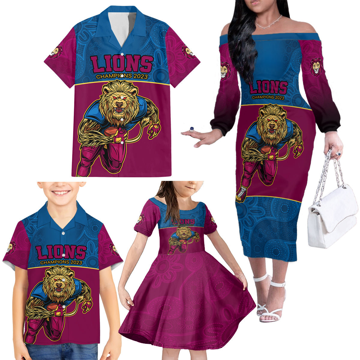 afl-lions-champions-2023-family-matching-off-shoulder-long-sleeve-dress-and-hawaiian-shirt-proud-brisbane-aboriginal-vibe