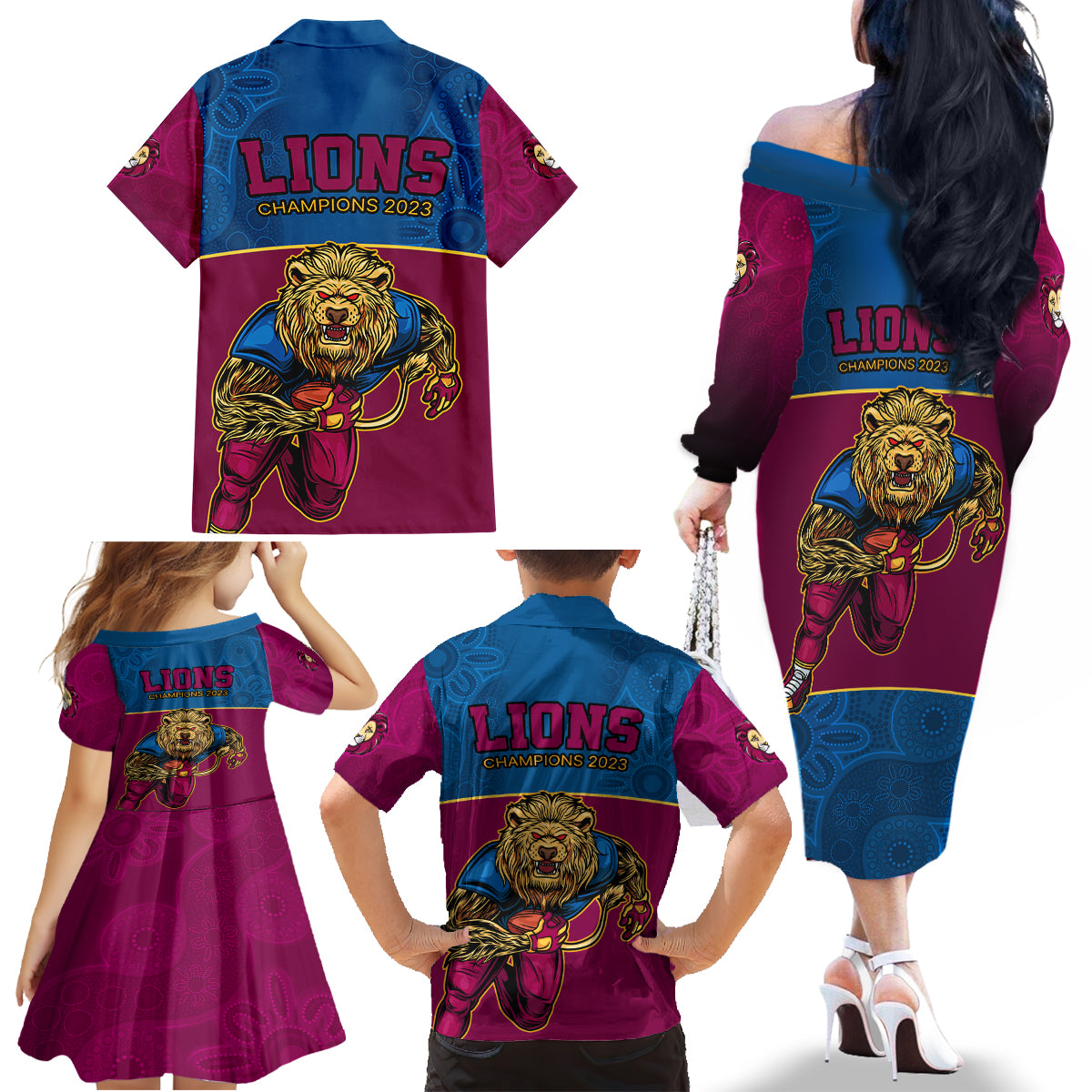 afl-lions-champions-2023-family-matching-off-shoulder-long-sleeve-dress-and-hawaiian-shirt-proud-brisbane-aboriginal-vibe