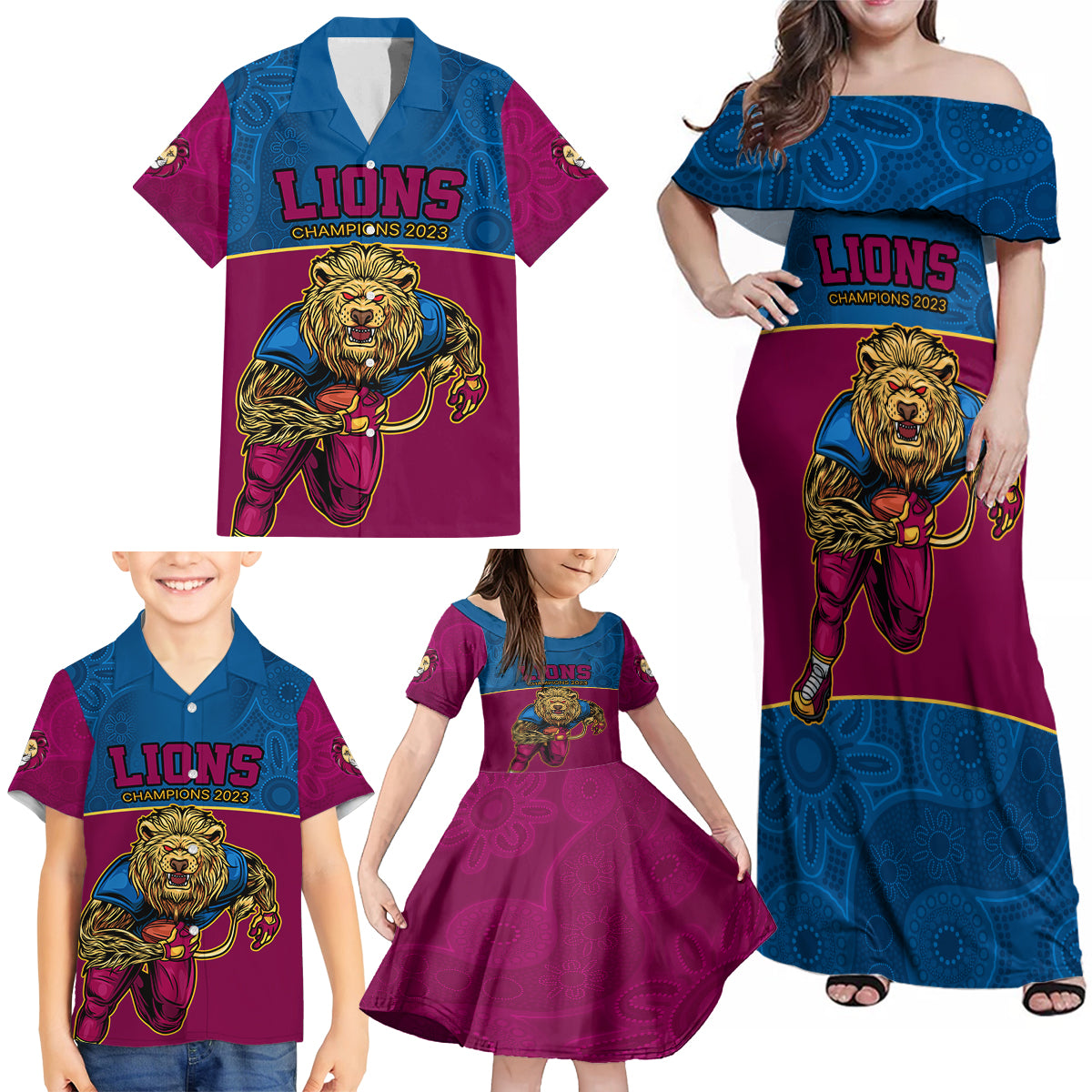 afl-lions-champions-2023-family-matching-off-shoulder-maxi-dress-and-hawaiian-shirt-proud-brisbane-aboriginal-vibe