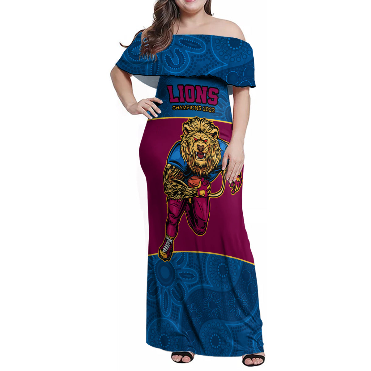 afl-lions-champions-2023-family-matching-off-shoulder-maxi-dress-and-hawaiian-shirt-proud-brisbane-aboriginal-vibe