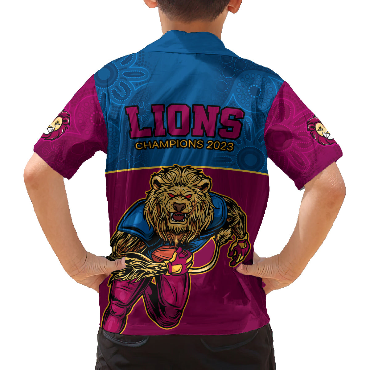 afl-lions-champions-2023-family-matching-off-shoulder-short-dress-and-hawaiian-shirt-proud-brisbane-aboriginal-vibe