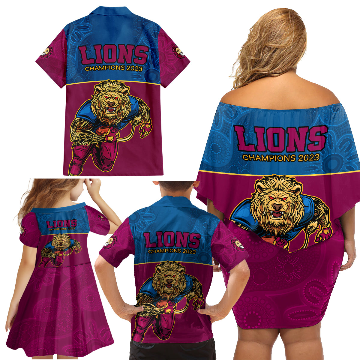 afl-lions-champions-2023-family-matching-off-shoulder-short-dress-and-hawaiian-shirt-proud-brisbane-aboriginal-vibe