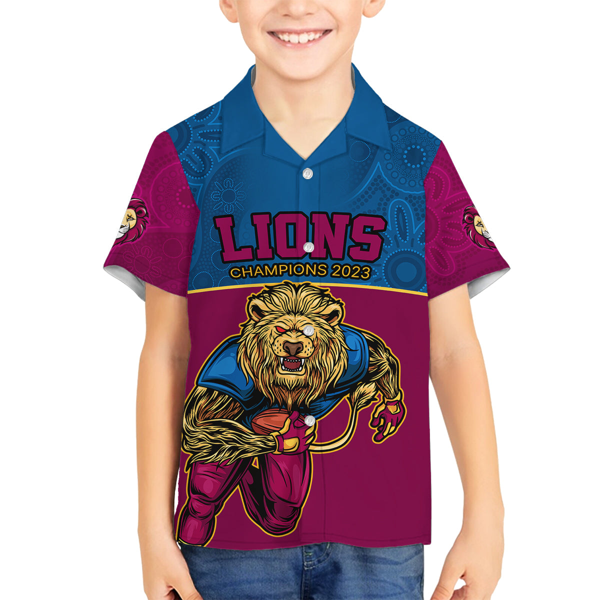 afl-lions-champions-2023-family-matching-off-shoulder-short-dress-and-hawaiian-shirt-proud-brisbane-aboriginal-vibe