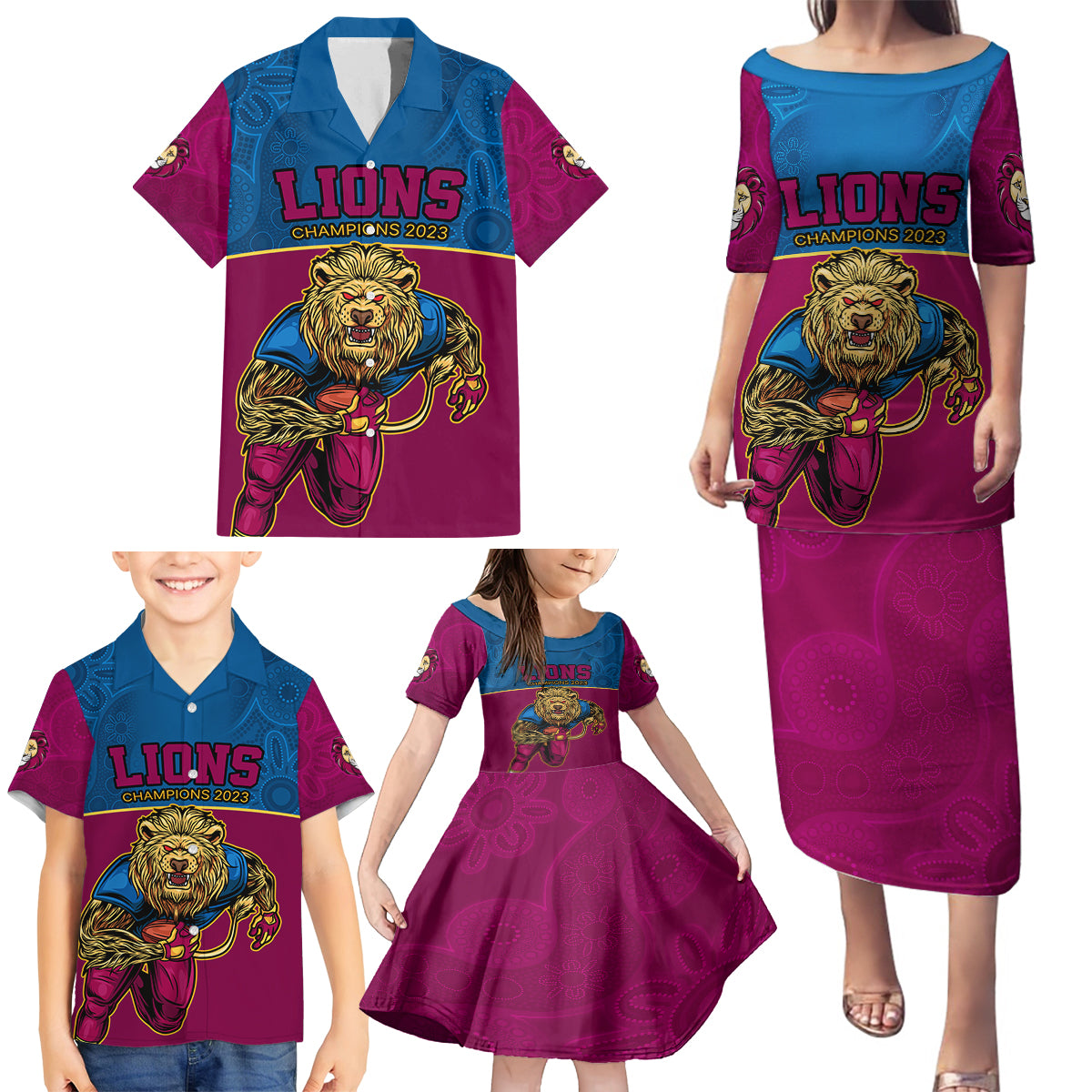 afl-lions-champions-2023-family-matching-puletasi-dress-and-hawaiian-shirt-proud-brisbane-aboriginal-vibe