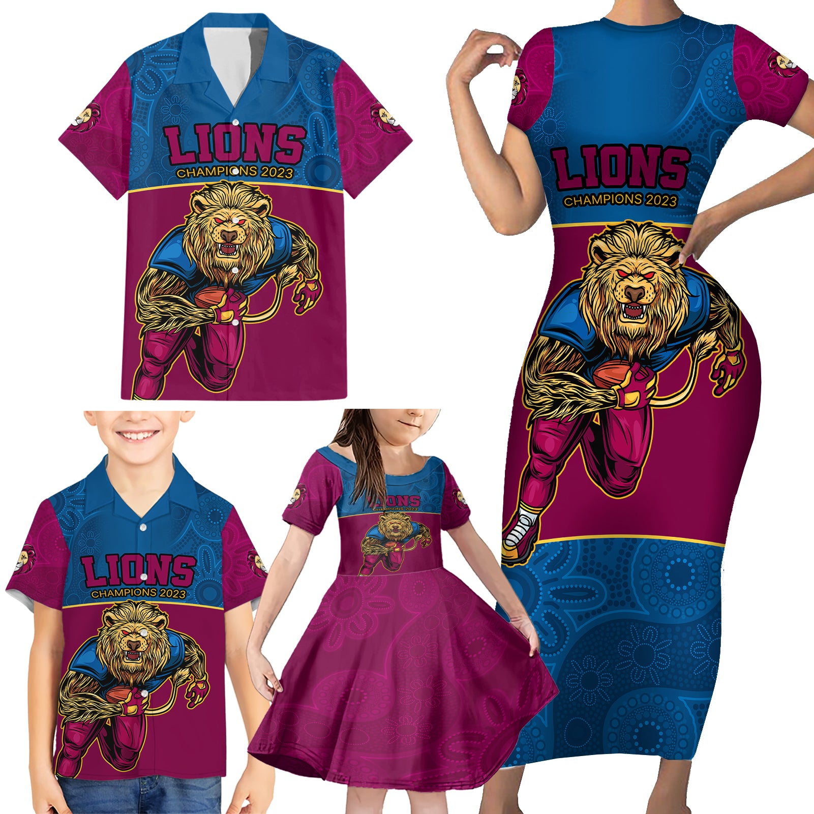 afl-lions-champions-2023-family-matching-short-sleeve-bodycon-dress-and-hawaiian-shirt-proud-brisbane-aboriginal-vibe