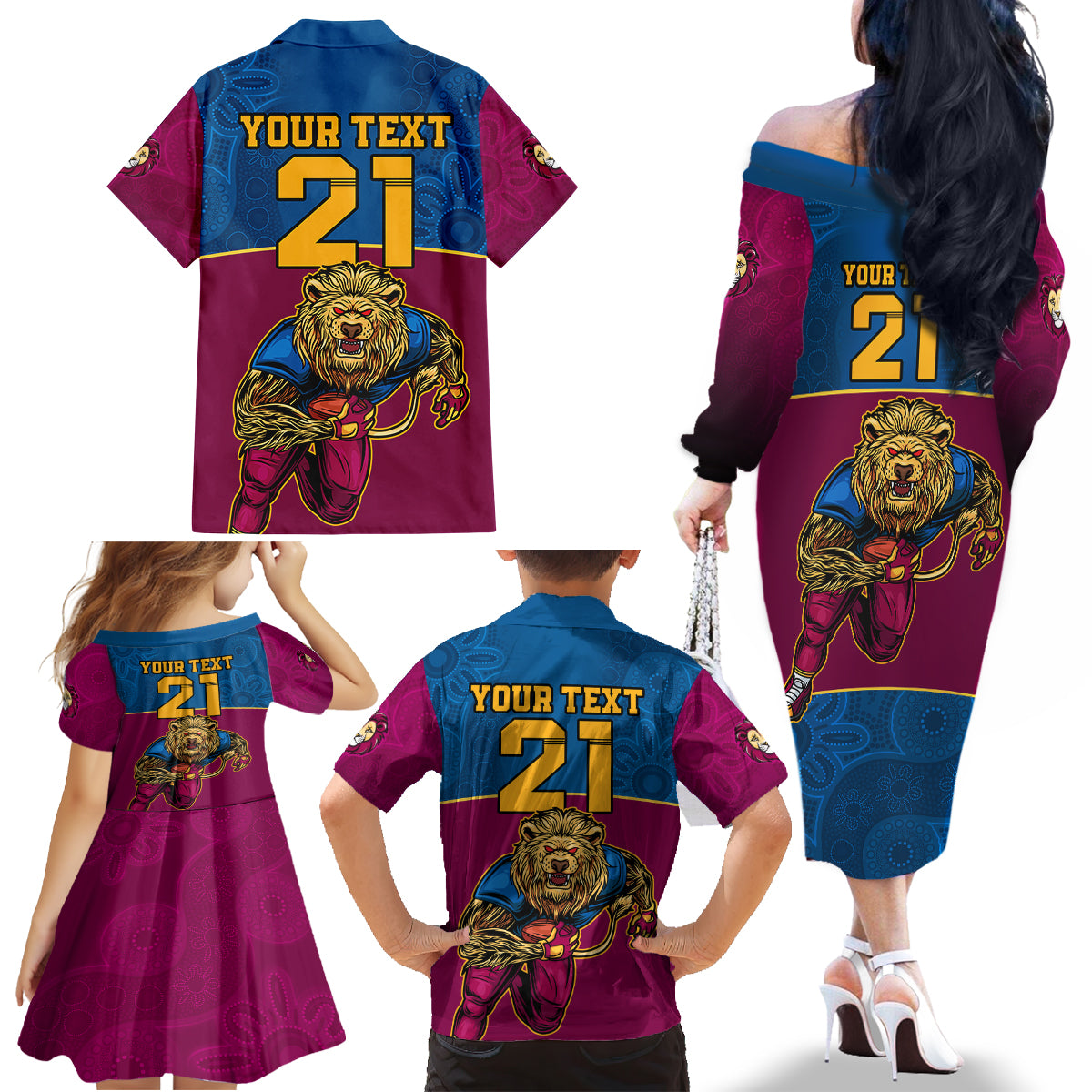 custom-afl-lions-champions-2023-family-matching-off-shoulder-long-sleeve-dress-and-hawaiian-shirt-proud-brisbane-aboriginal-vibe