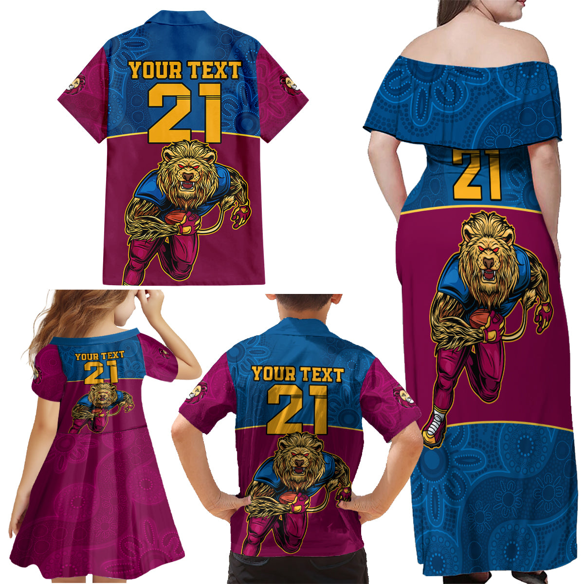 custom-afl-lions-champions-2023-family-matching-off-shoulder-maxi-dress-and-hawaiian-shirt-proud-brisbane-aboriginal-vibe