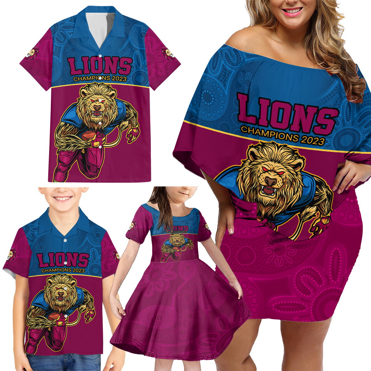 custom-afl-lions-champions-2023-family-matching-off-shoulder-short-dress-and-hawaiian-shirt-proud-brisbane-aboriginal-vibe