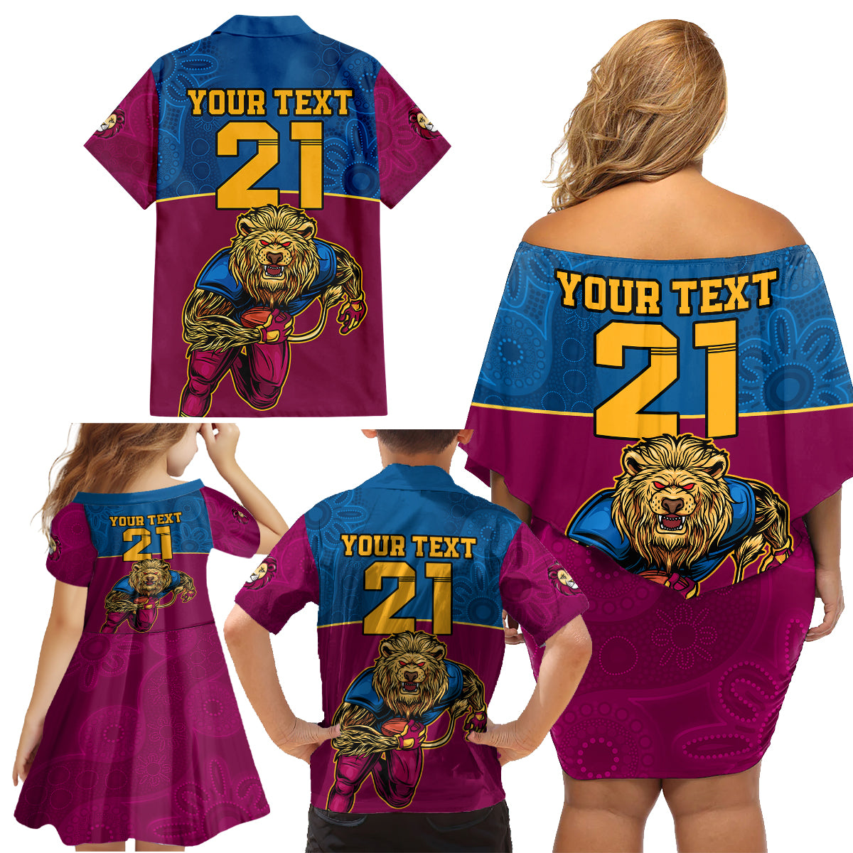 custom-afl-lions-champions-2023-family-matching-off-shoulder-short-dress-and-hawaiian-shirt-proud-brisbane-aboriginal-vibe