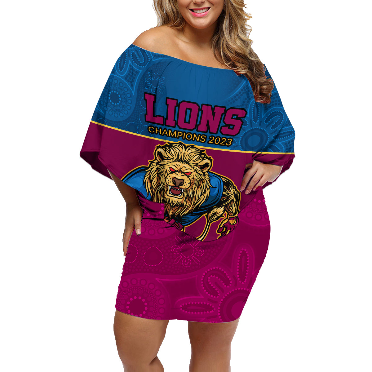 custom-afl-lions-champions-2023-family-matching-off-shoulder-short-dress-and-hawaiian-shirt-proud-brisbane-aboriginal-vibe