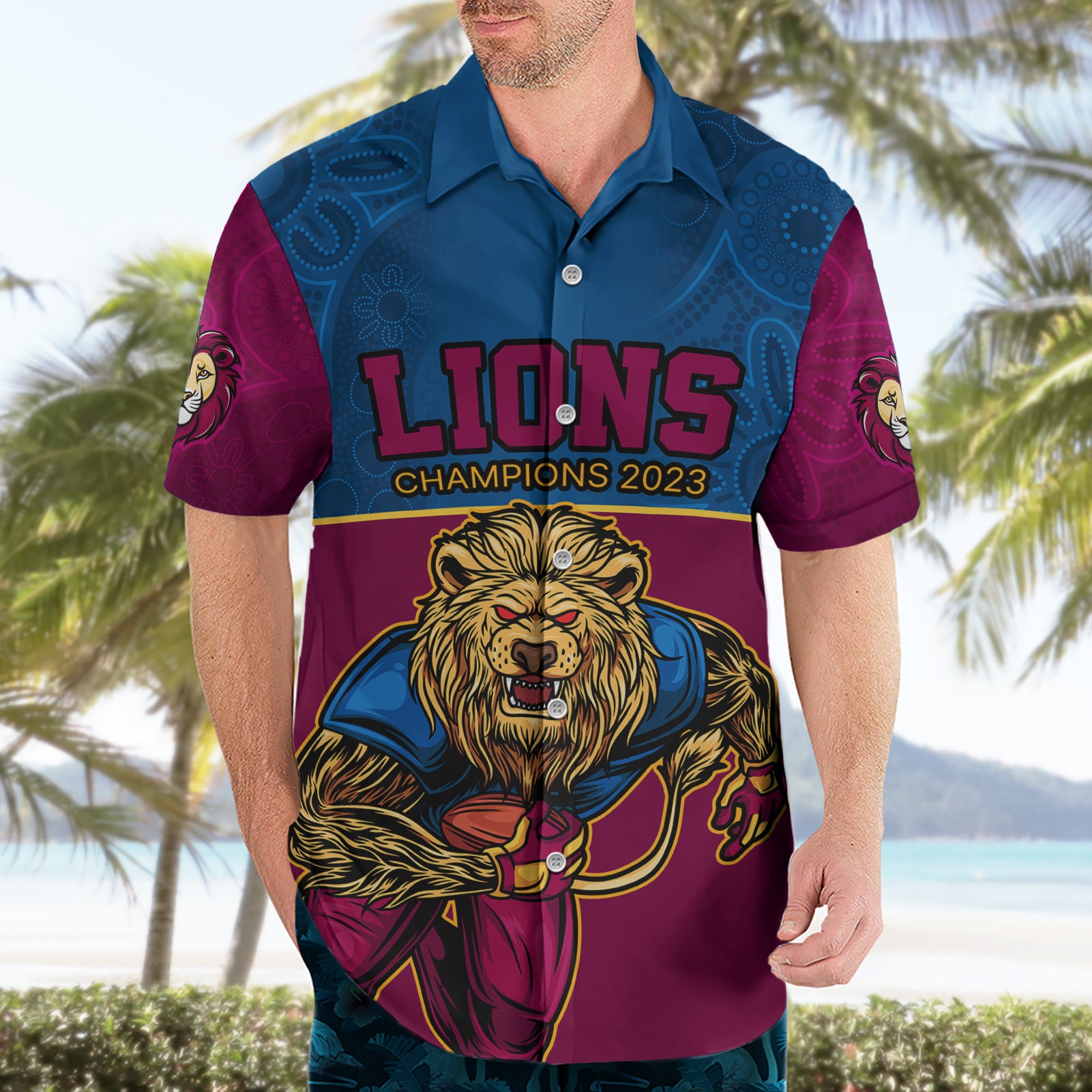 Custom AFL Lions Champions 2023 Hawaiian Shirt Proud Brisbane Aboriginal Vibe - Vibe Hoodie Shop