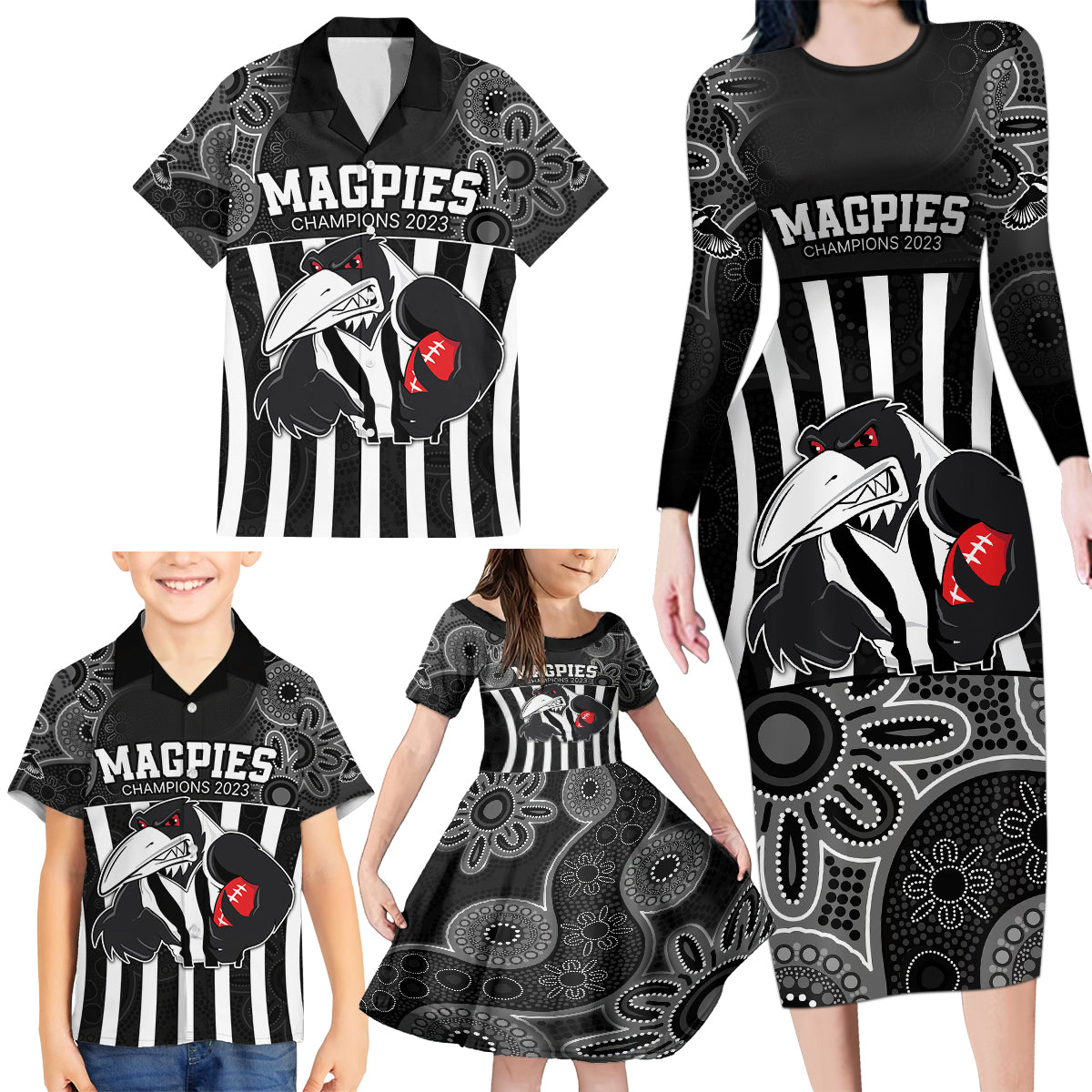 afl-magpies-champions-2023-family-matching-long-sleeve-bodycon-dress-and-hawaiian-shirt-proud-collingwood-aboriginal-vibe