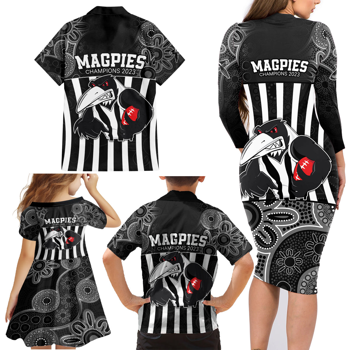 afl-magpies-champions-2023-family-matching-long-sleeve-bodycon-dress-and-hawaiian-shirt-proud-collingwood-aboriginal-vibe