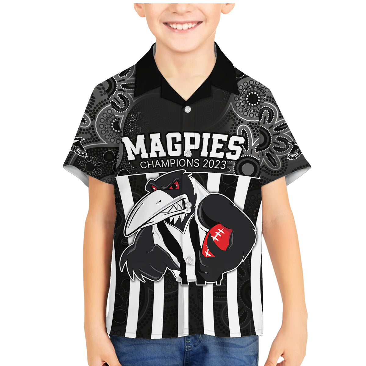 afl-magpies-champions-2023-family-matching-mermaid-dress-and-hawaiian-shirt-proud-collingwood-aboriginal-vibe