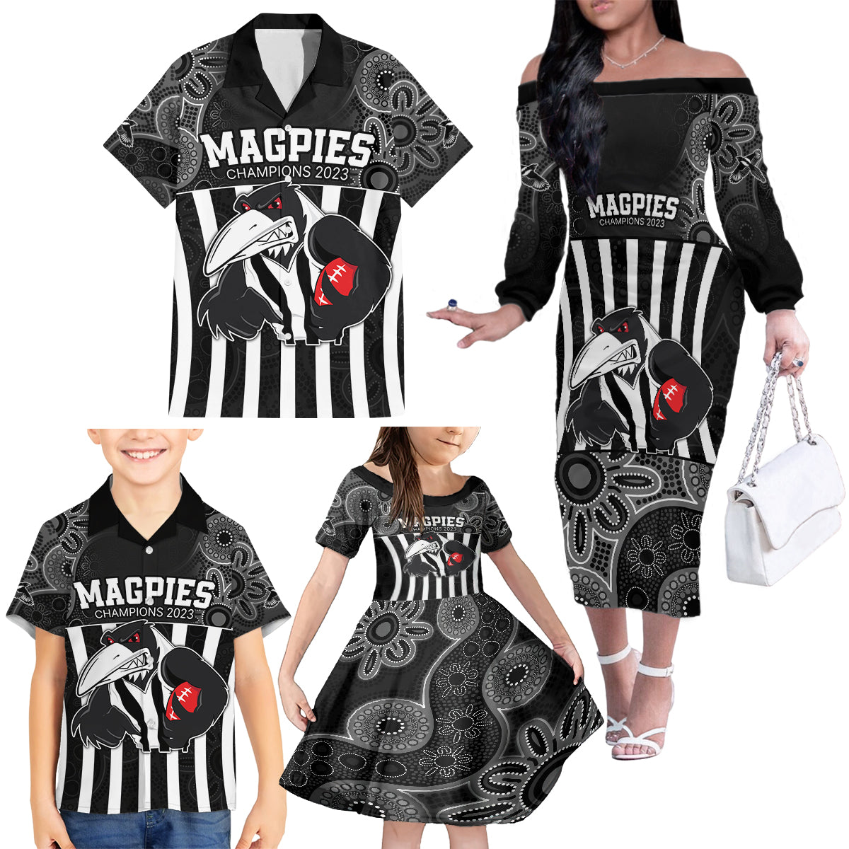 afl-magpies-champions-2023-family-matching-off-shoulder-long-sleeve-dress-and-hawaiian-shirt-proud-collingwood-aboriginal-vibe