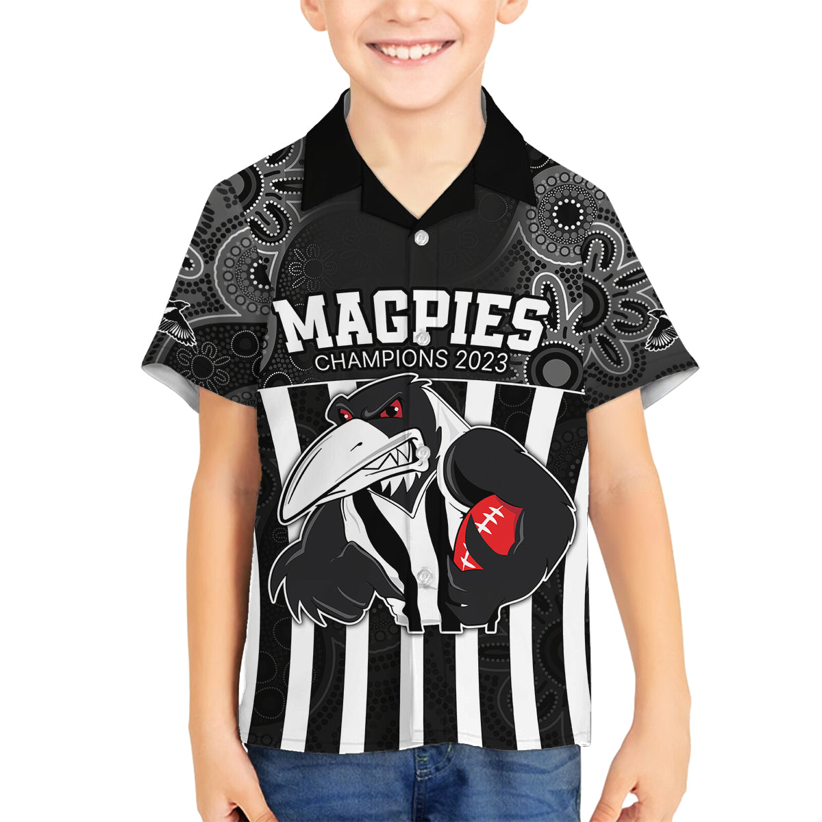 afl-magpies-champions-2023-family-matching-off-shoulder-long-sleeve-dress-and-hawaiian-shirt-proud-collingwood-aboriginal-vibe