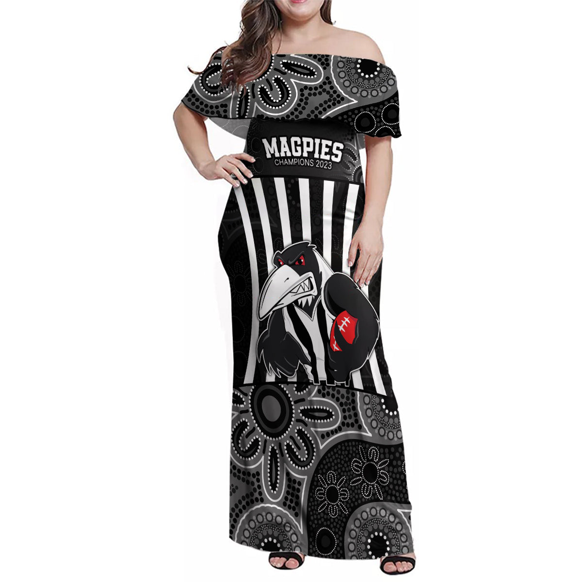 afl-magpies-champions-2023-family-matching-off-shoulder-maxi-dress-and-hawaiian-shirt-proud-collingwood-aboriginal-vibe