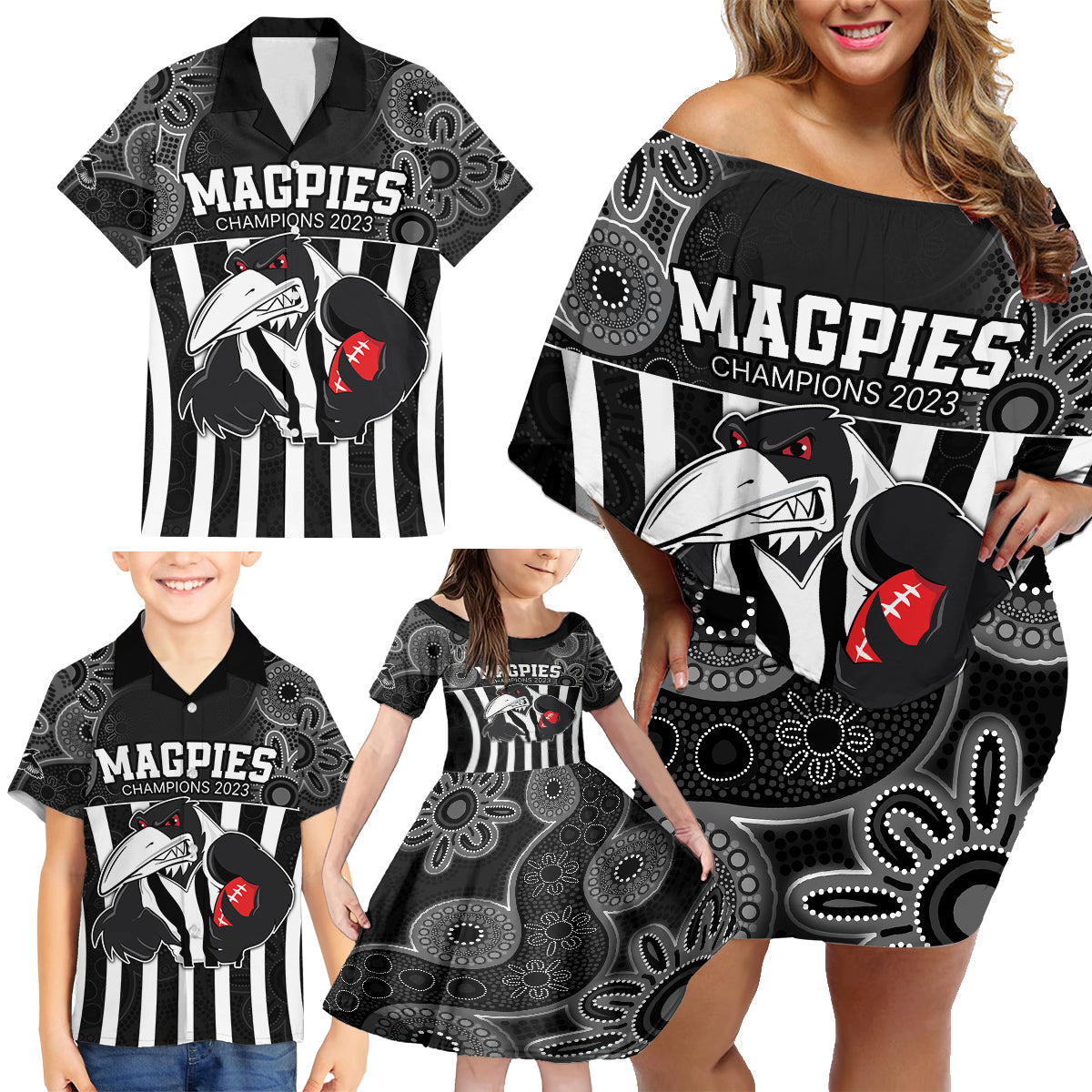 afl-magpies-champions-2023-family-matching-off-shoulder-short-dress-and-hawaiian-shirt-proud-collingwood-aboriginal-vibe