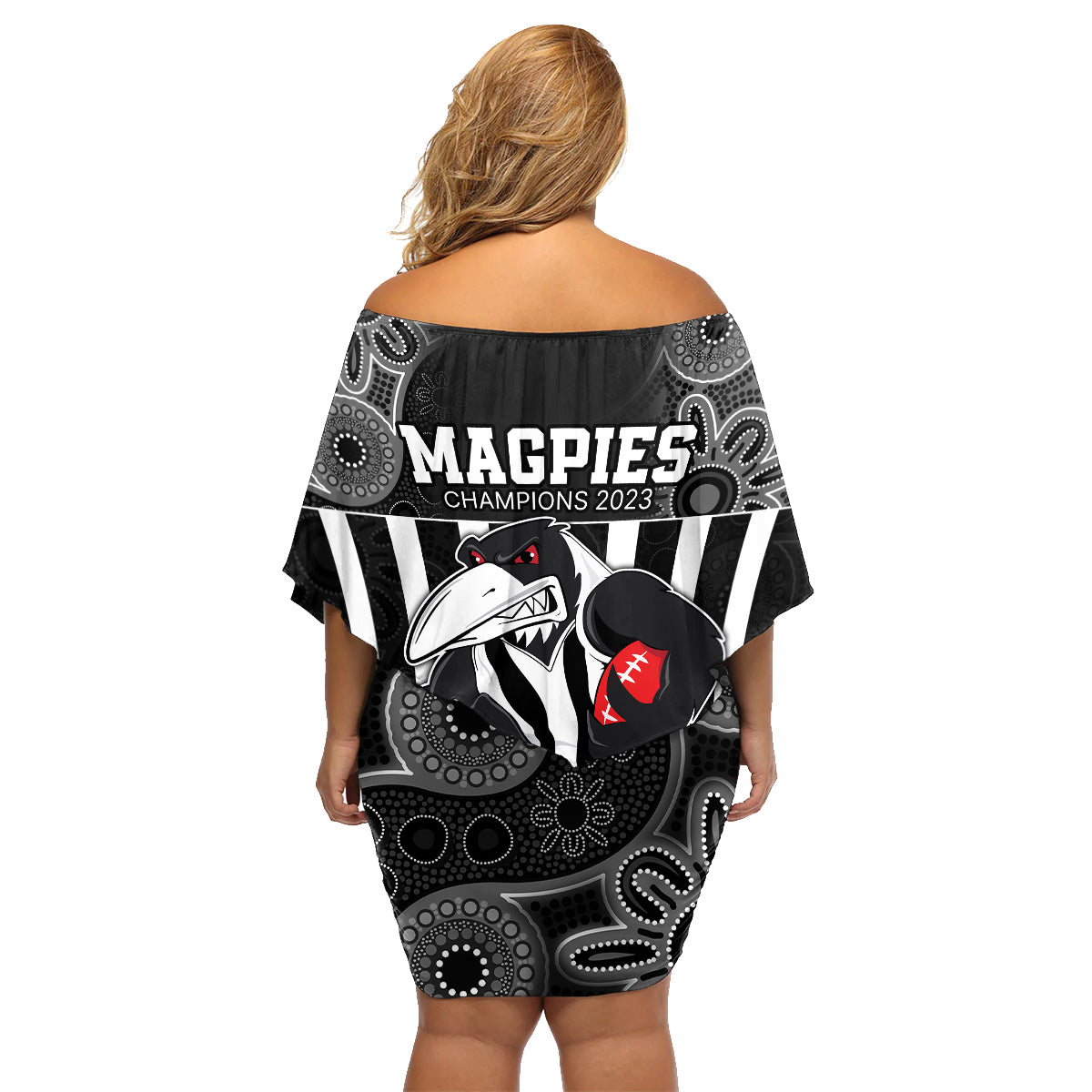 afl-magpies-champions-2023-family-matching-off-shoulder-short-dress-and-hawaiian-shirt-proud-collingwood-aboriginal-vibe