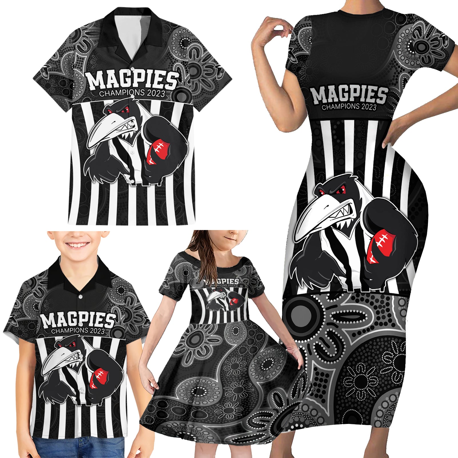 afl-magpies-champions-2023-family-matching-short-sleeve-bodycon-dress-and-hawaiian-shirt-proud-collingwood-aboriginal-vibe