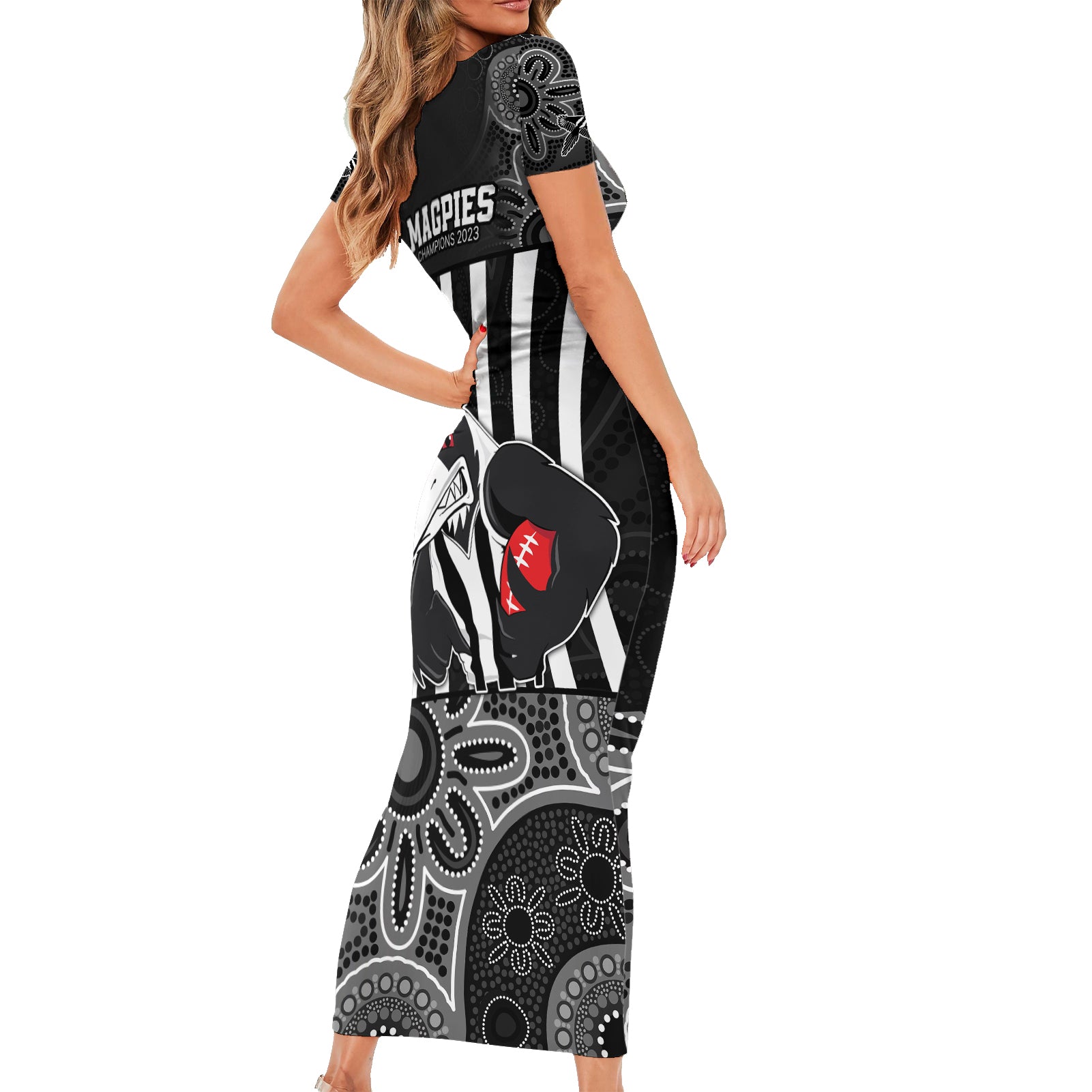 afl-magpies-champions-2023-family-matching-short-sleeve-bodycon-dress-and-hawaiian-shirt-proud-collingwood-aboriginal-vibe