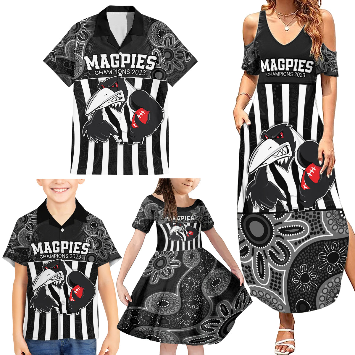 afl-magpies-champions-2023-family-matching-summer-maxi-dress-and-hawaiian-shirt-proud-collingwood-aboriginal-vibe