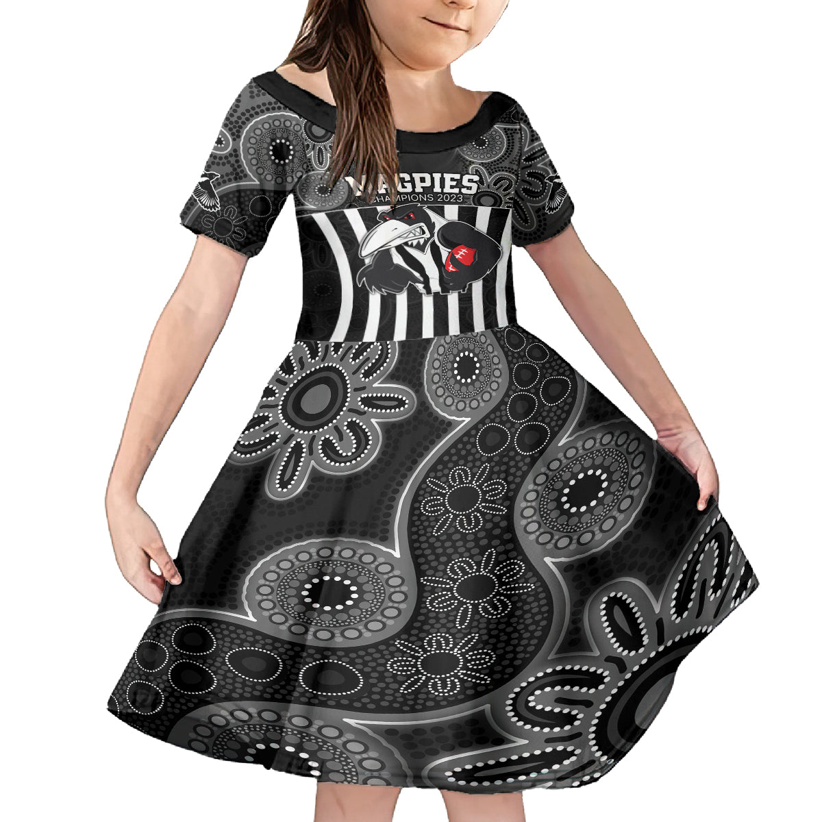 AFL Magpies Champions 2023 Kid Short Sleeve Dress Proud Collingwood Aboriginal Vibe - Vibe Hoodie Shop