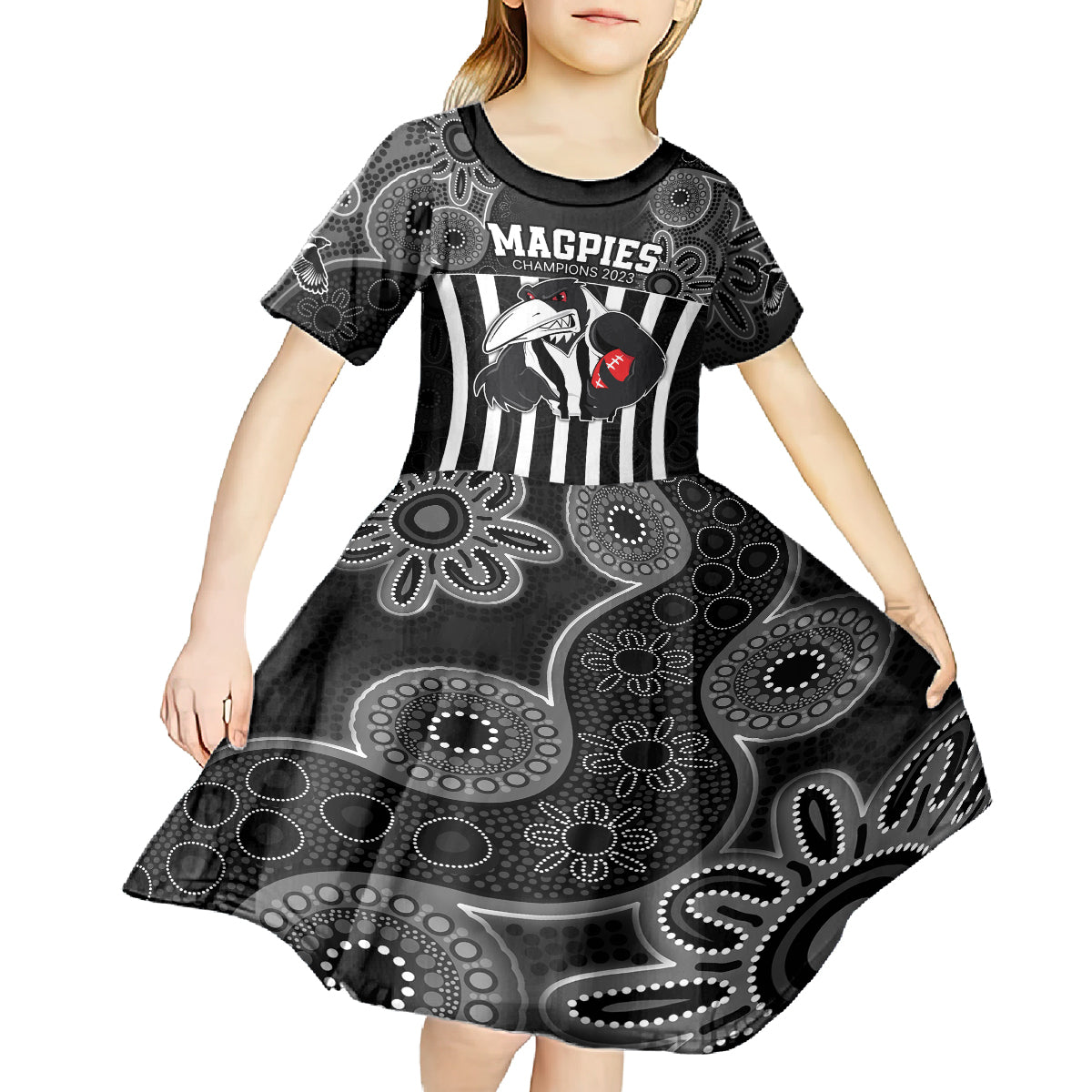 AFL Magpies Champions 2023 Kid Short Sleeve Dress Proud Collingwood Aboriginal Vibe - Vibe Hoodie Shop