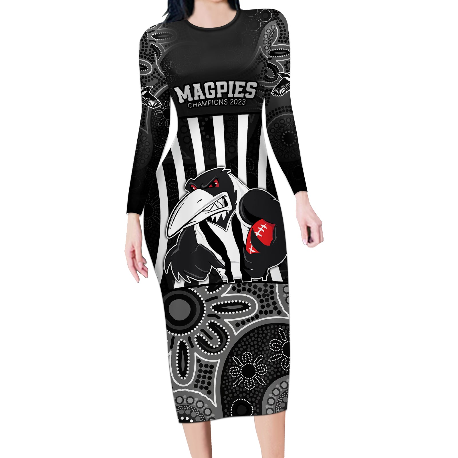 afl-magpies-champions-2023-long-sleeve-bodycon-dress-proud-collingwood-aboriginal-vibe