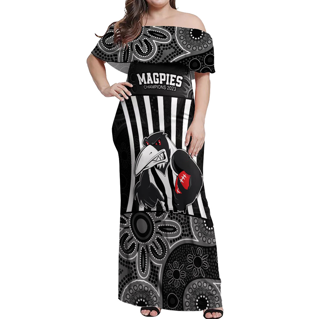 afl-magpies-champions-2023-off-shoulder-maxi-dress-proud-collingwood-aboriginal-vibe