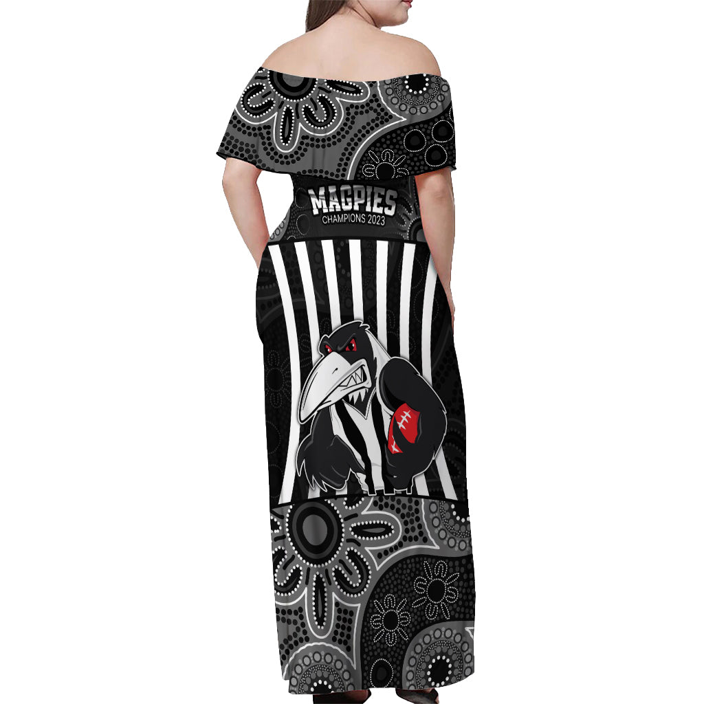 afl-magpies-champions-2023-off-shoulder-maxi-dress-proud-collingwood-aboriginal-vibe