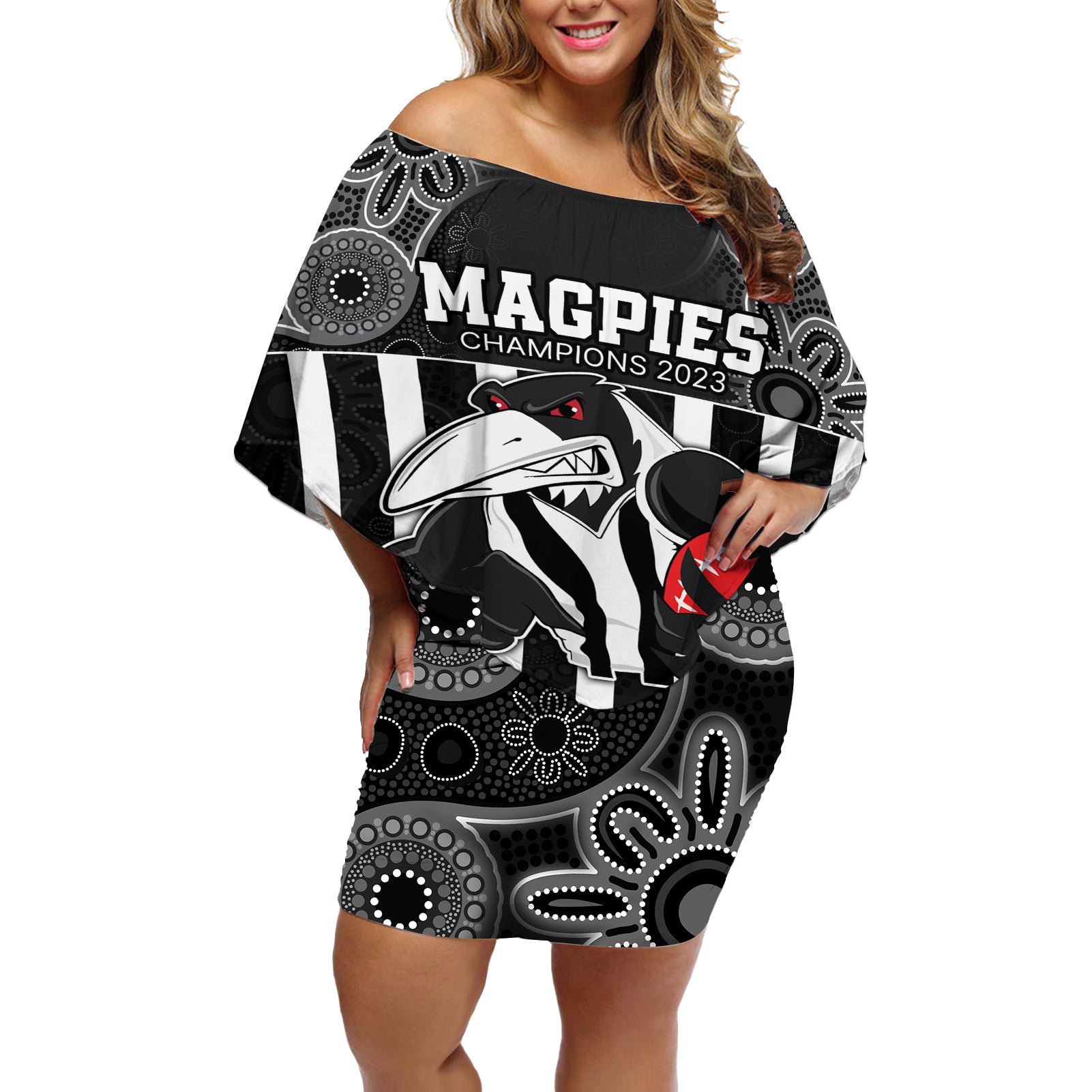 afl-magpies-champions-2023-off-shoulder-short-dress-proud-collingwood-aboriginal-vibe