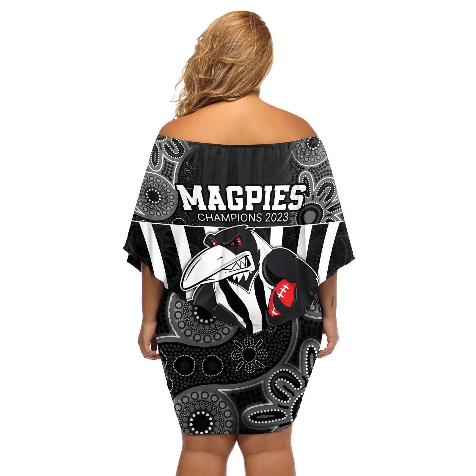 afl-magpies-champions-2023-off-shoulder-short-dress-proud-collingwood-aboriginal-vibe