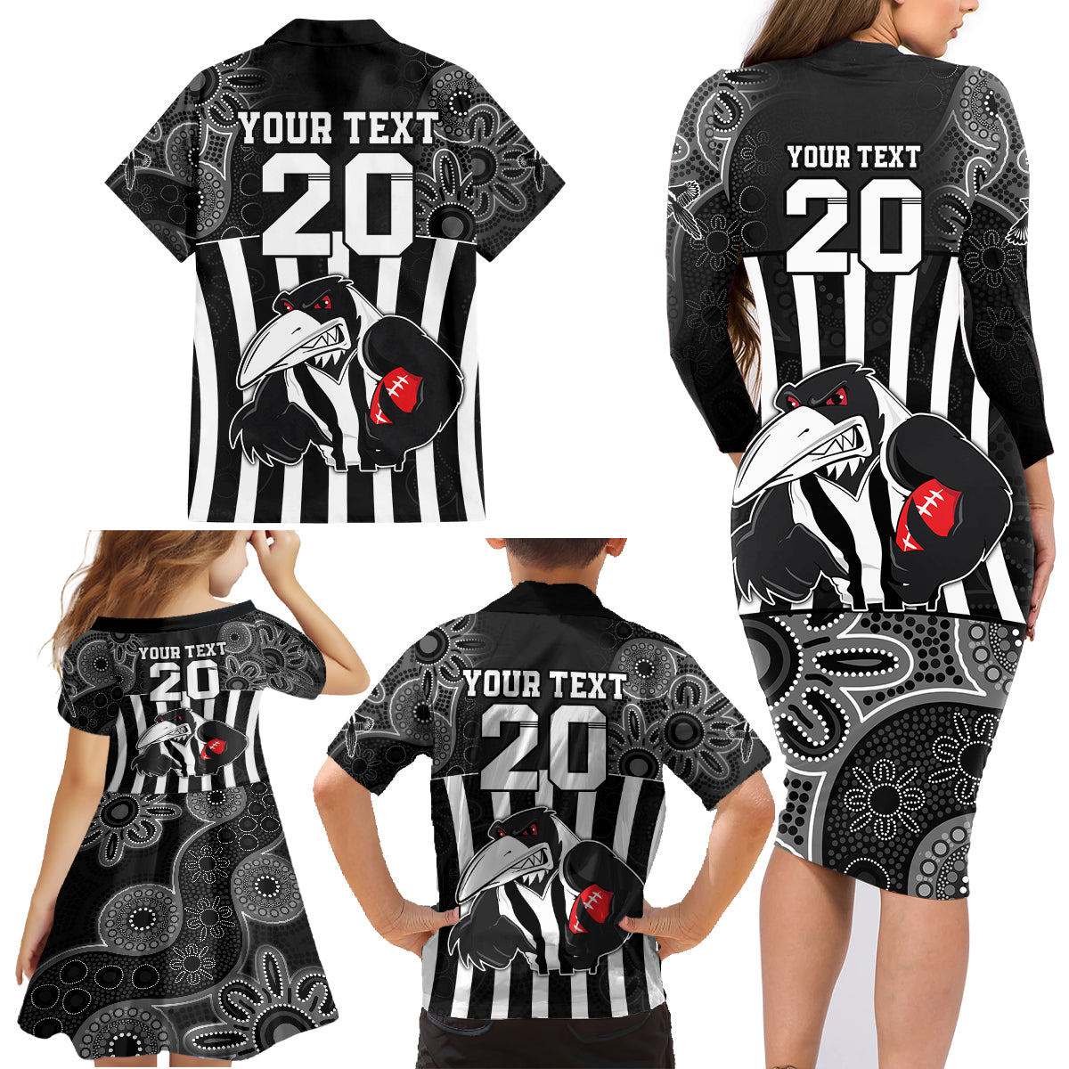 custom-afl-magpies-champions-2023-family-matching-long-sleeve-bodycon-dress-and-hawaiian-shirt-proud-collingwood-aboriginal-vibe