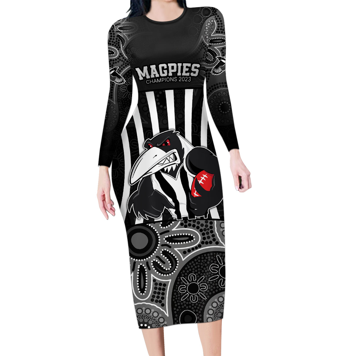 custom-afl-magpies-champions-2023-family-matching-long-sleeve-bodycon-dress-and-hawaiian-shirt-proud-collingwood-aboriginal-vibe