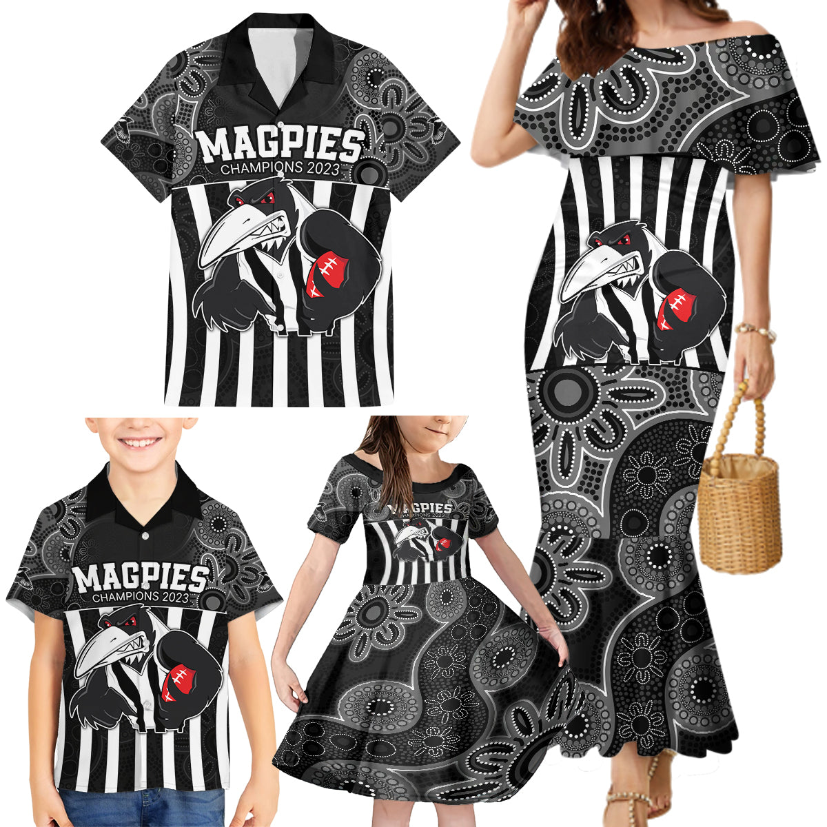 custom-afl-magpies-champions-2023-family-matching-mermaid-dress-and-hawaiian-shirt-proud-collingwood-aboriginal-vibe