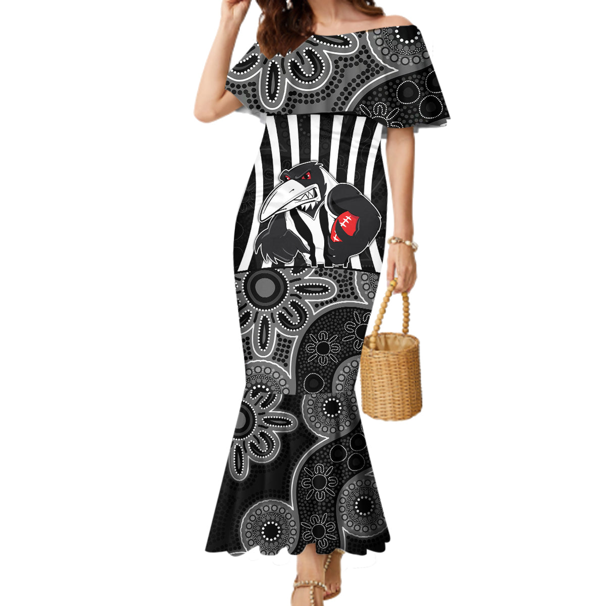 custom-afl-magpies-champions-2023-family-matching-mermaid-dress-and-hawaiian-shirt-proud-collingwood-aboriginal-vibe