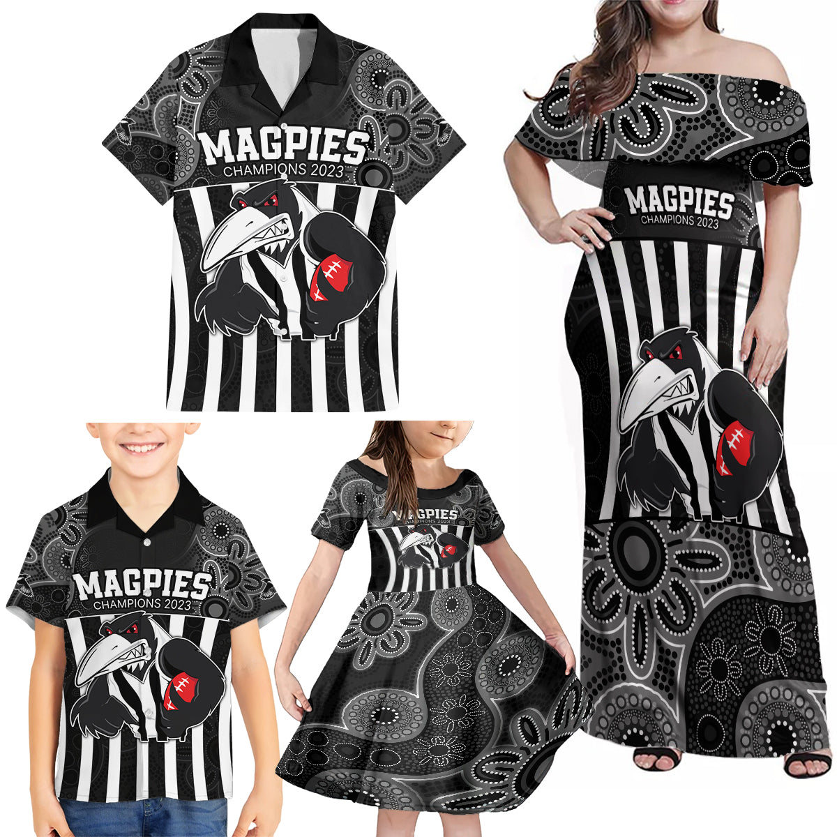 custom-afl-magpies-champions-2023-family-matching-off-shoulder-maxi-dress-and-hawaiian-shirt-proud-collingwood-aboriginal-vibe