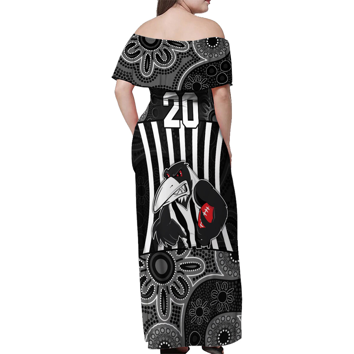 custom-afl-magpies-champions-2023-family-matching-off-shoulder-maxi-dress-and-hawaiian-shirt-proud-collingwood-aboriginal-vibe