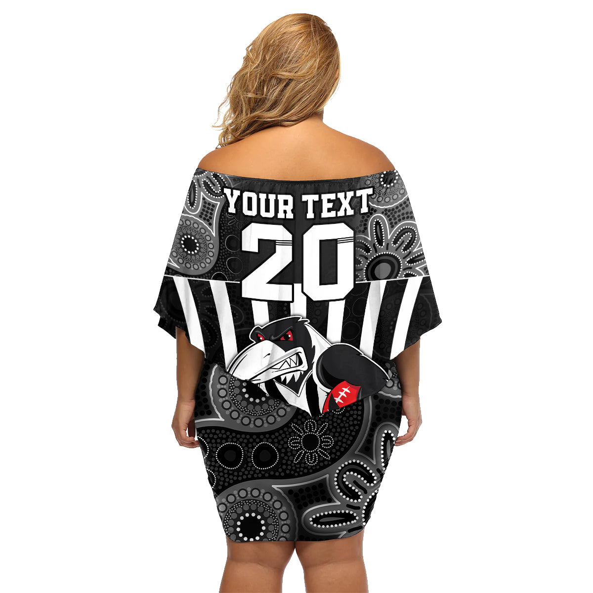 custom-afl-magpies-champions-2023-family-matching-off-shoulder-short-dress-and-hawaiian-shirt-proud-collingwood-aboriginal-vibe