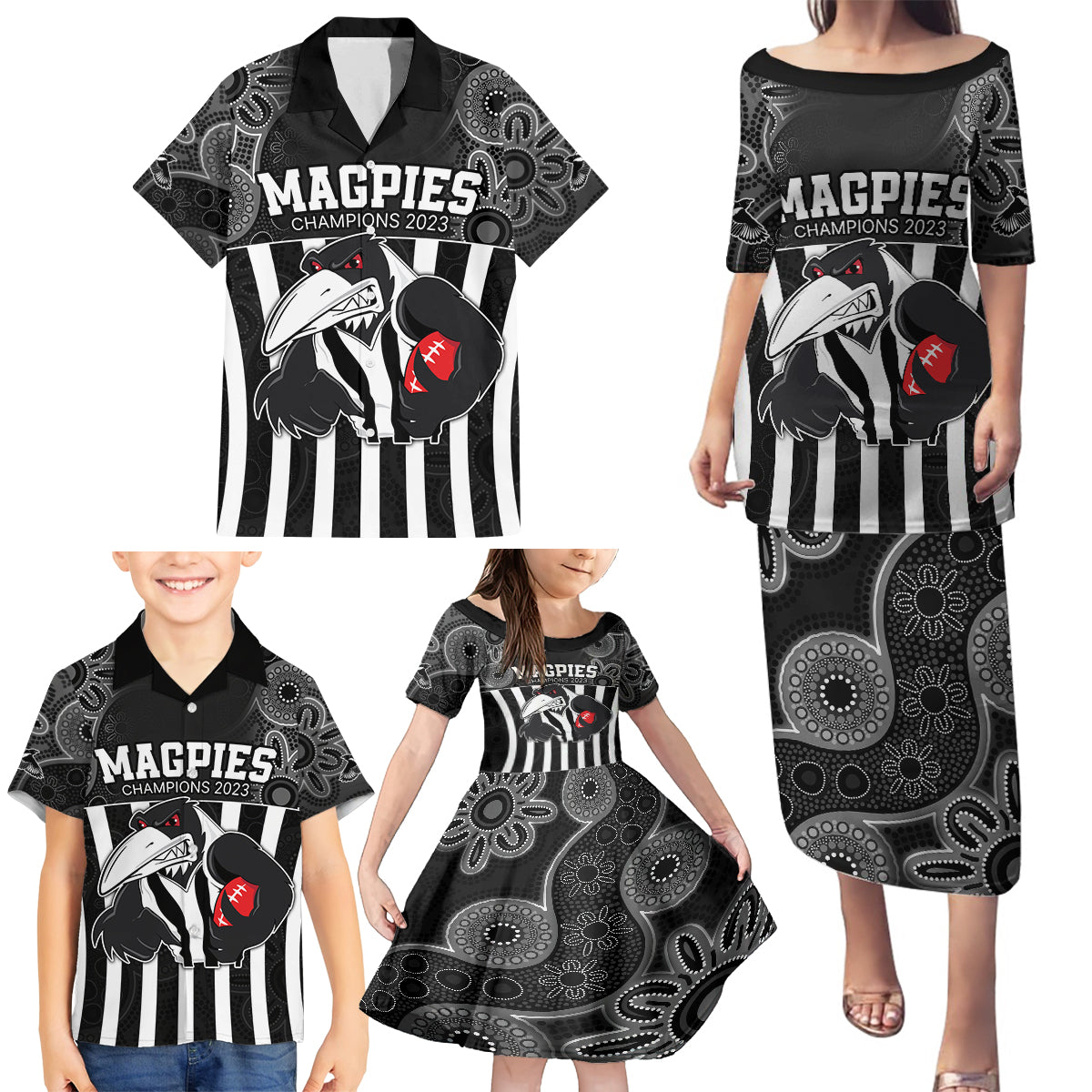 custom-afl-magpies-champions-2023-family-matching-puletasi-dress-and-hawaiian-shirt-proud-collingwood-aboriginal-vibe