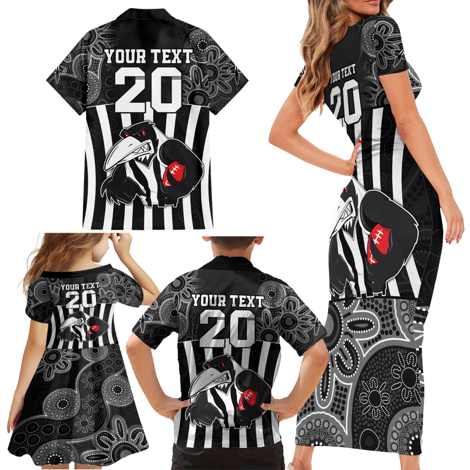 custom-afl-magpies-champions-2023-family-matching-short-sleeve-bodycon-dress-and-hawaiian-shirt-proud-collingwood-aboriginal-vibe