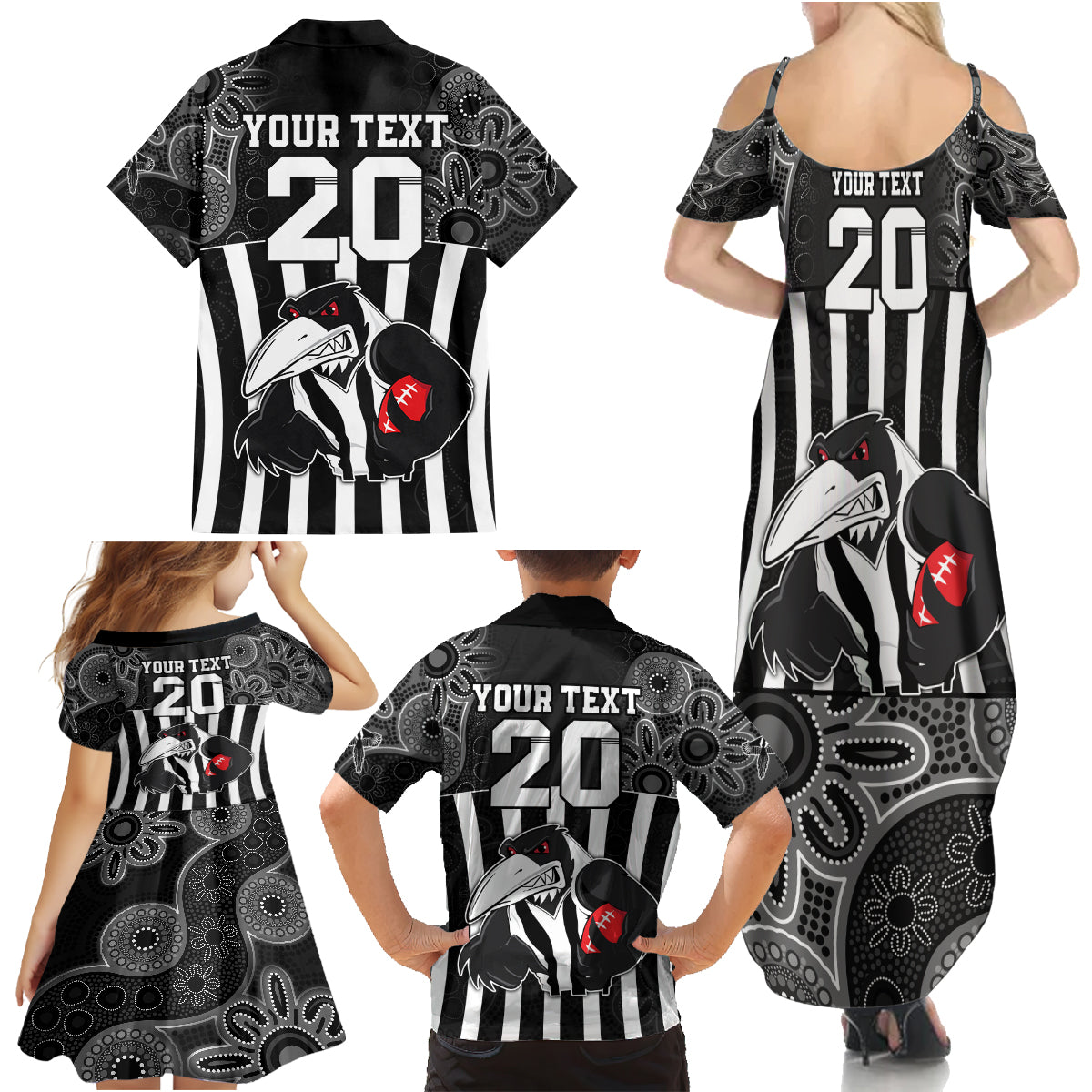 custom-afl-magpies-champions-2023-family-matching-summer-maxi-dress-and-hawaiian-shirt-proud-collingwood-aboriginal-vibe