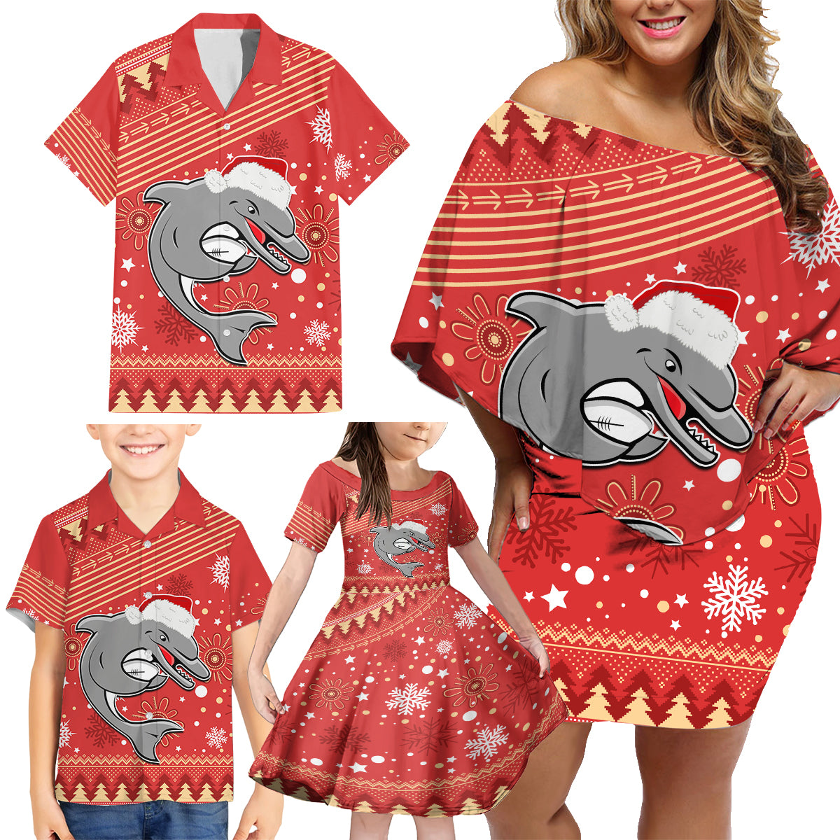 custom-dolphins-rugby-family-matching-off-shoulder-short-dress-and-hawaiian-shirt-chirstmas-vibe-2023