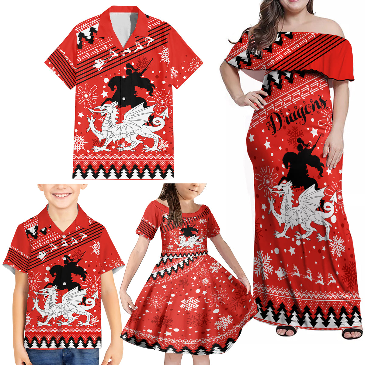 custom-dragons-rugby-family-matching-off-shoulder-maxi-dress-and-hawaiian-shirt-chirstmas-vibe-2023