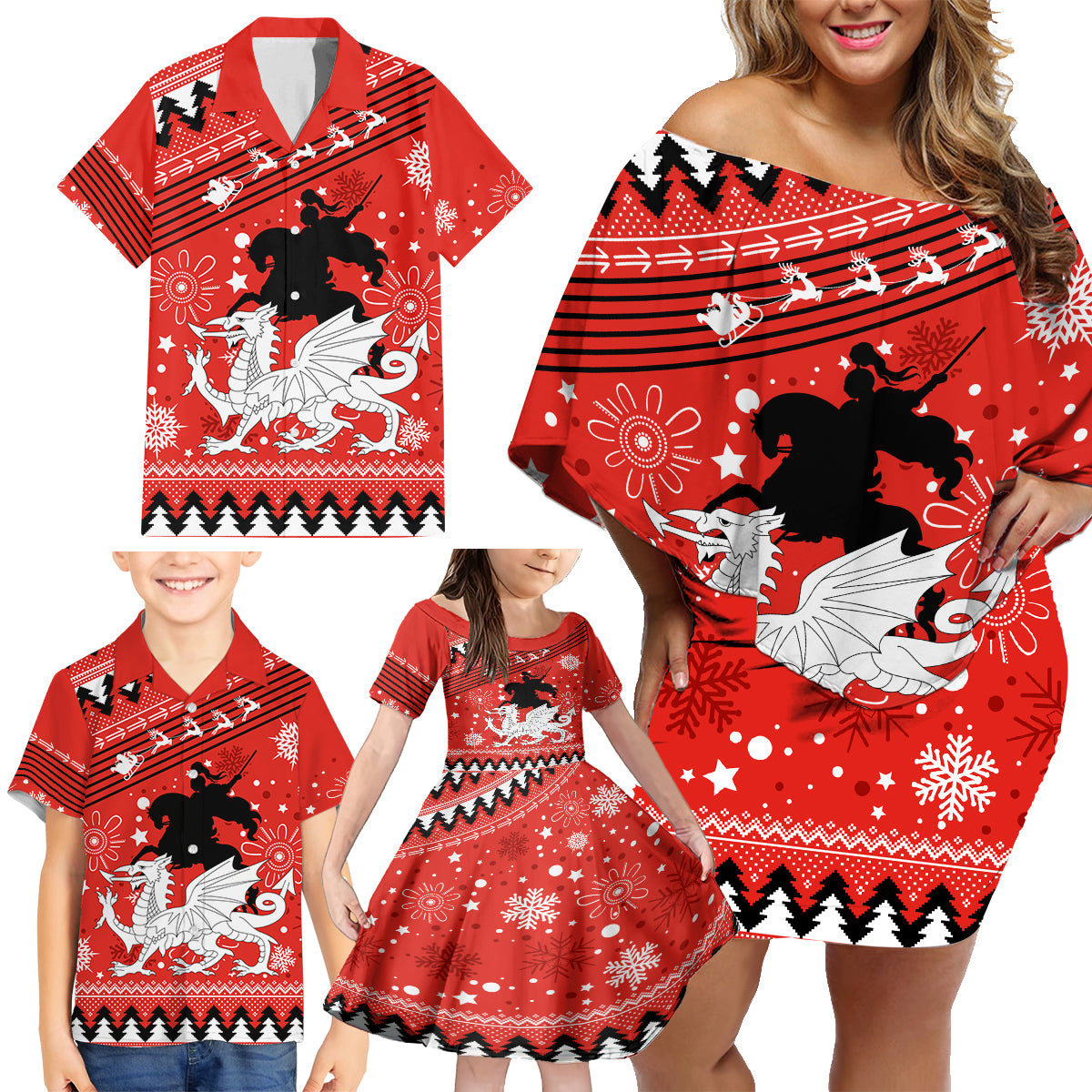 custom-dragons-rugby-family-matching-off-shoulder-short-dress-and-hawaiian-shirt-chirstmas-vibe-2023