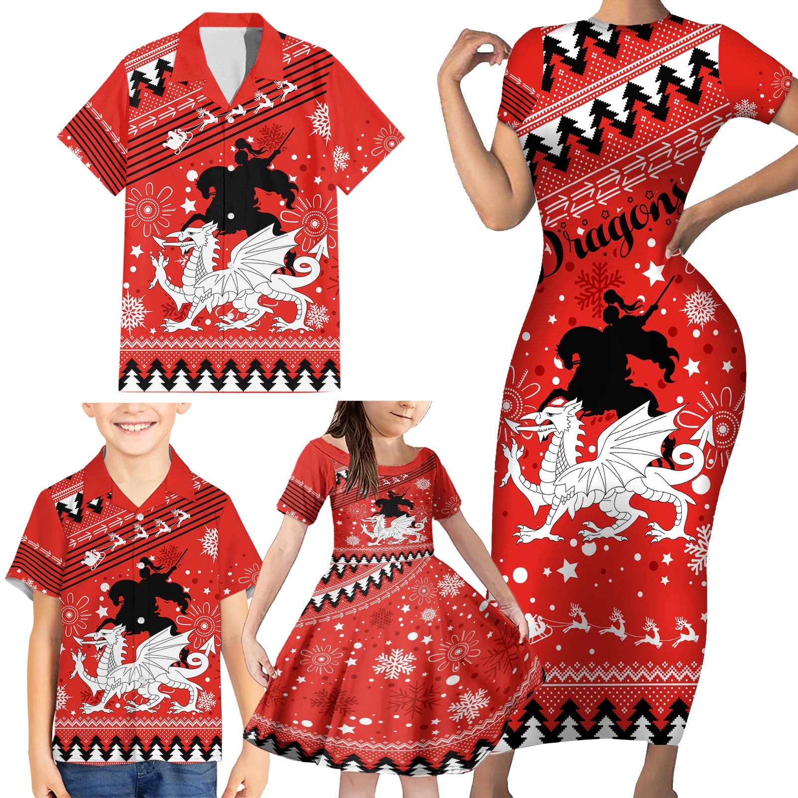 custom-dragons-rugby-family-matching-short-sleeve-bodycon-dress-and-hawaiian-shirt-chirstmas-vibe-2023